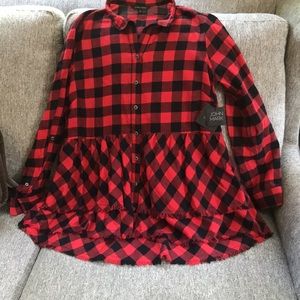 Red plaid tunic style shirt.